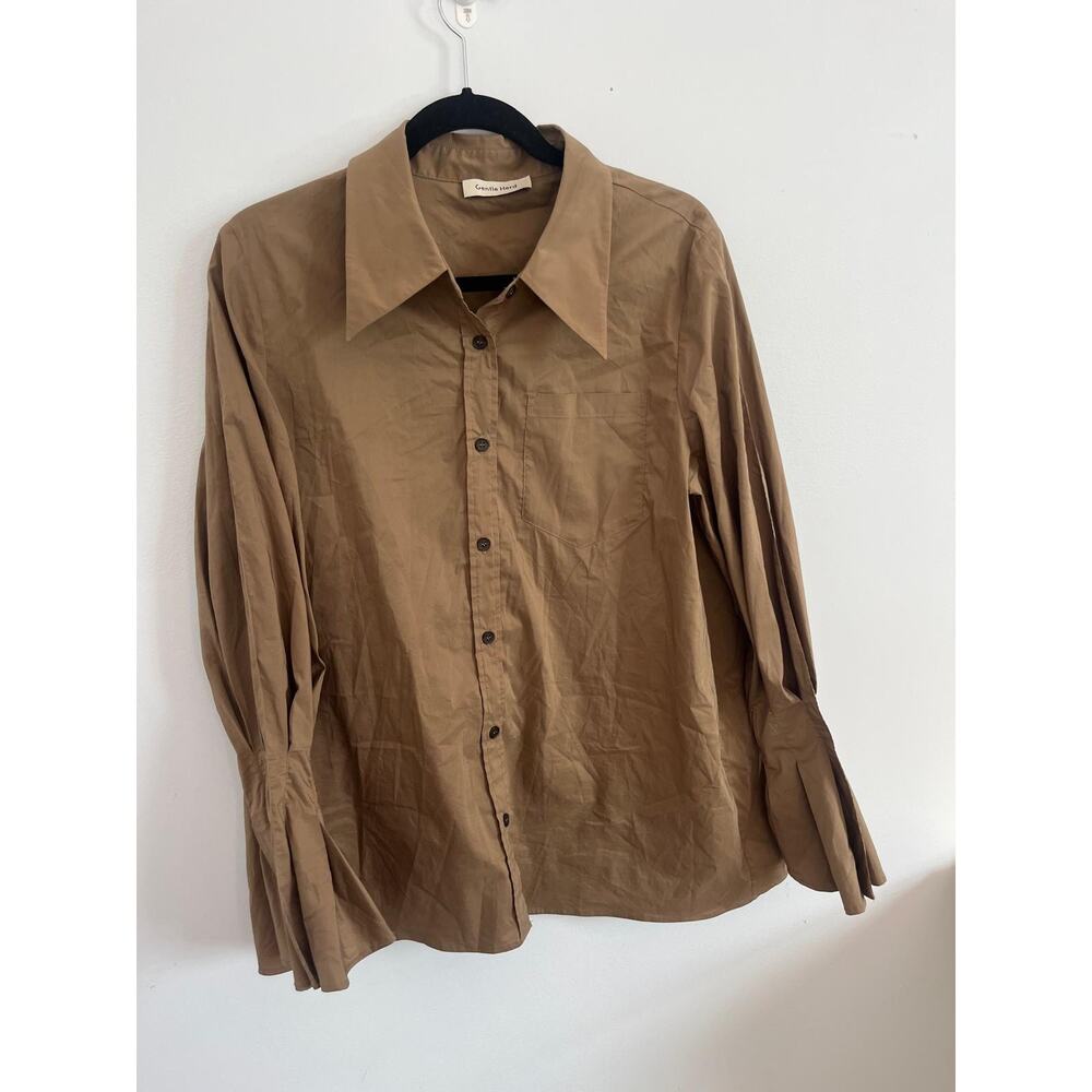 Gentle‎ Herd Button Down Shirt Women L Brown Cotton Blend Puff Sleeve